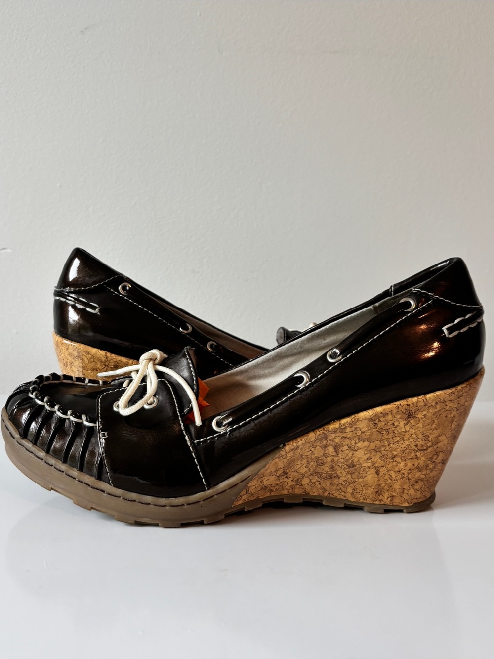 Dr. Scholl's Dark Brown Patent Wedge Loafers with Faux Cork Heel - 8
